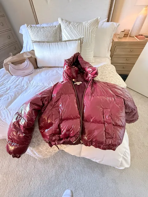 Michael Kors Puffer Jacket Size XS Burgundy Metallic Glossy Logo