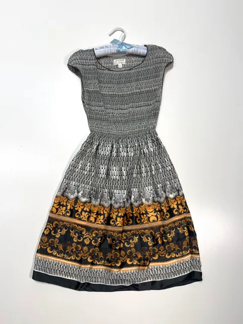 M.S.S.P. Women's Smocked Dress Size S Cottage-Glam Old Money Quiet Luxury Whimsigoth Coquette Black Gold Baroque Border Print Cap Sleeve Chiffon Fit and Flare Midi Boho Sheer
