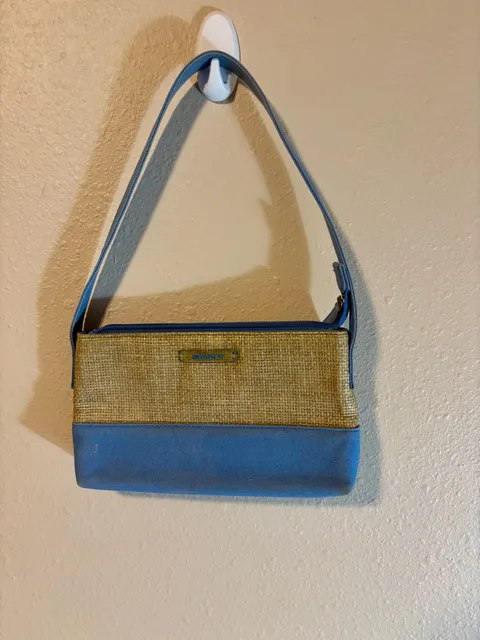 DKNY Straw and Blue Canvas Shoulder Bag Handbag