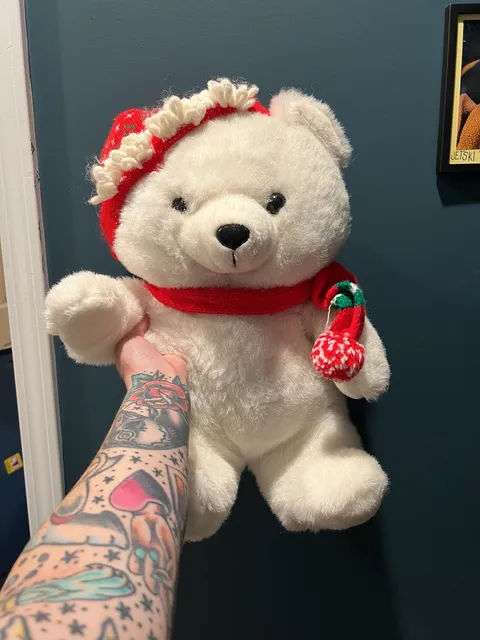 Kmart Vintage 1988 Christmas Polar Bear Plush Stuffed Animal Hat Scarf