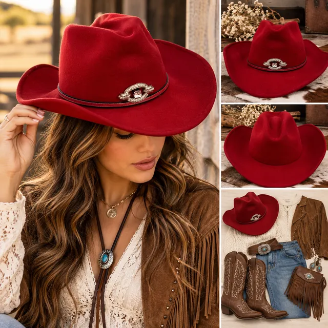 Goorin Brothers Red Felt Western Cowboy Hat Rhinestone Concho Band