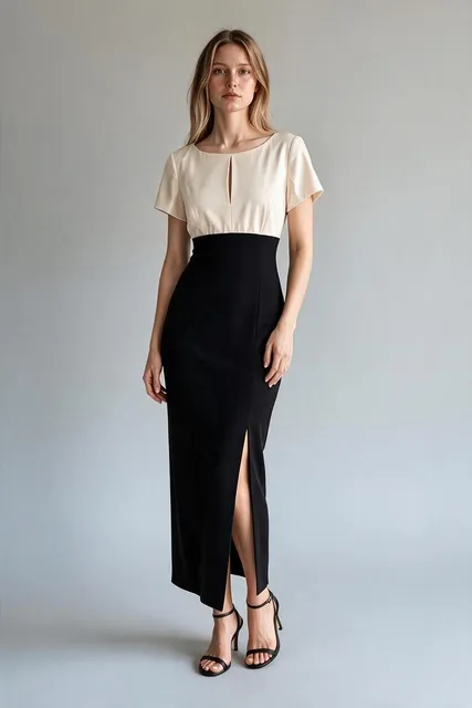 Vintage Two Tone Midi Dress Size S Cream Black Split