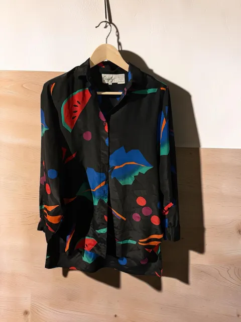 Shapely Abstract Fruit Print Button Up Blouse Size S