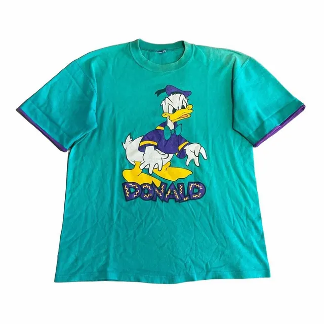 Disney Vintage 90s Angsty Donald Duck Double Sleeve T-Shirt Green XL