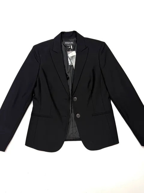 Jones New York Women's Blazer 8 Quiet Luxury Old Money Dark Academia Heritage Minimalist Black Wool Blend Stretch Collection Platinum Two Button Peak Lapel NWT Easy Care Work Jacket