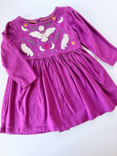 Mini Boden Dress 12-18M Purple Owl Embroidered
