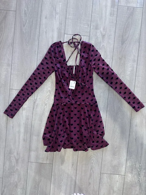Free People Dress Size XS Red Black Heart Long Sleeve Mini New