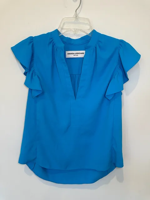 Amanda Uprichard Ruffle Sleeve Blouse Size S Blue V-Neck Top