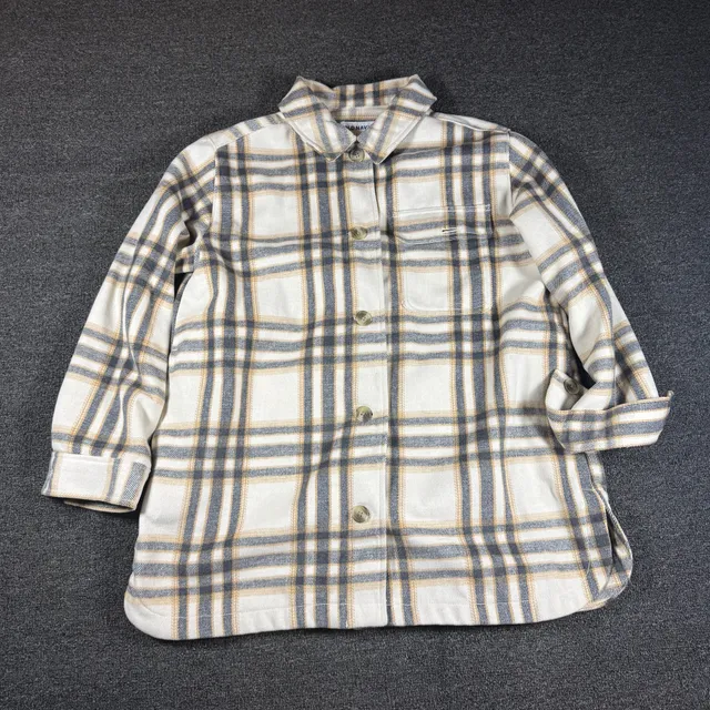 Old Navy Plaid Flannel Shirt Size L White Gray Tan