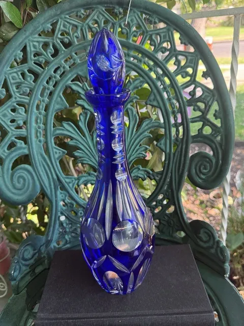 Vintage Cobalt Blue Cut Crystal Decanter With Stopper