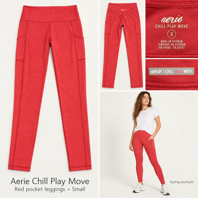 Aerie Chill Play Move Red Leggings Small S Side Pockets Yoga Athleisure Pants