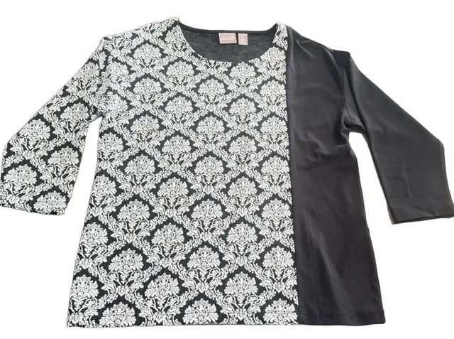 Chico's Damask Top Size 0 Black White 3/4 Sleeve Blouse