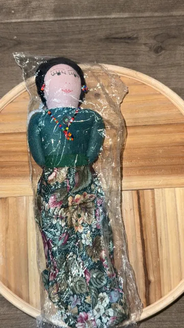 Navajo Indian Handmade Folk Art Cloth Doll Green Floral Dress