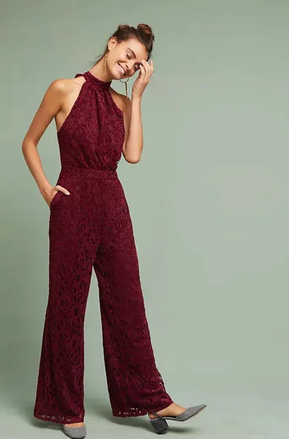 Anthropologie Aida Lace Halter Jumpsuit Wine Red