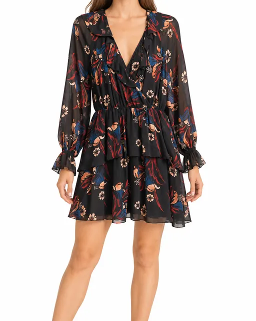 Joie Nour Floral Silk Ruffle Tiered Mini Dress Size M Black