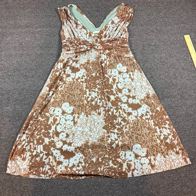 Weston Wear 2000s Floral Dress Size L Brown Blue V-Neck Sleeveless Empire Waist
