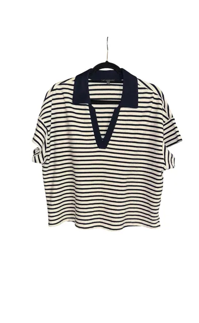 Adrianna Papell Striped Polo Shirt Size L Navy White Short Sleeve V-Neck