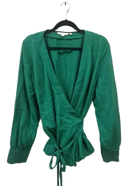 Boden Green Wrap Blouse Size US 14R Long Sleeve Tie Waist V-Neck