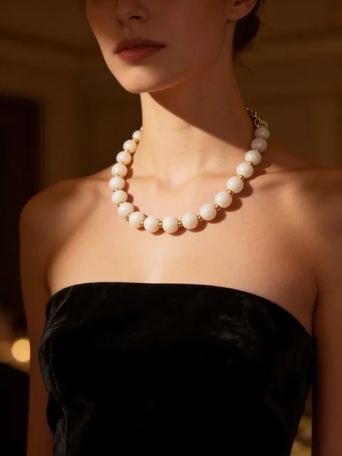 Vintage Monet Classic White Bead Necklace with Gold Accents