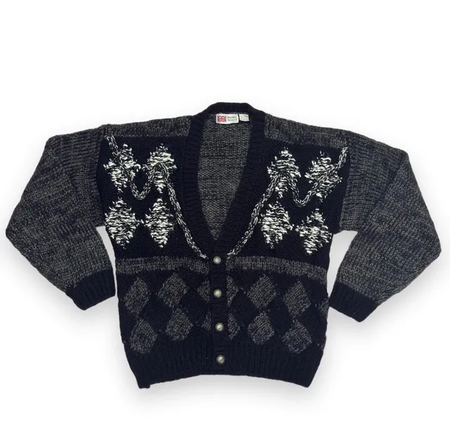 Royal Scott Cardigan Sweater Size L Black Gray Vintage Knit