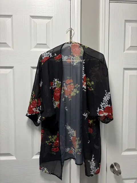 Floral Print Chiffon Kimono Cardigan Black