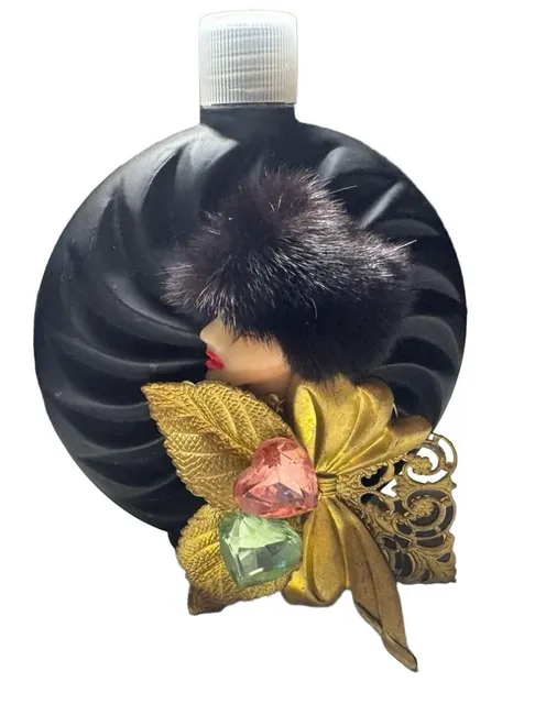 Vintage Albert E Price black glass perfume bottle with lady fur hat
