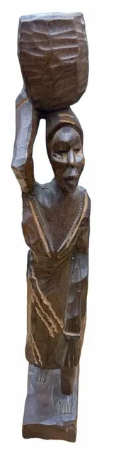 Hand Carved Wooden African Woman Figurine Carrying Basket