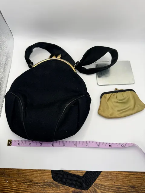 Vintage Black Velvet Handbag With Coin Purse And Mirror