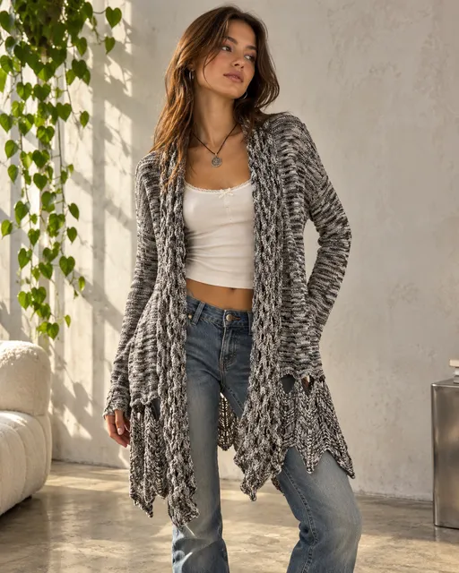 Silomi Marled Open Knit Waterfall Cardigan Boho Drape Sweater L