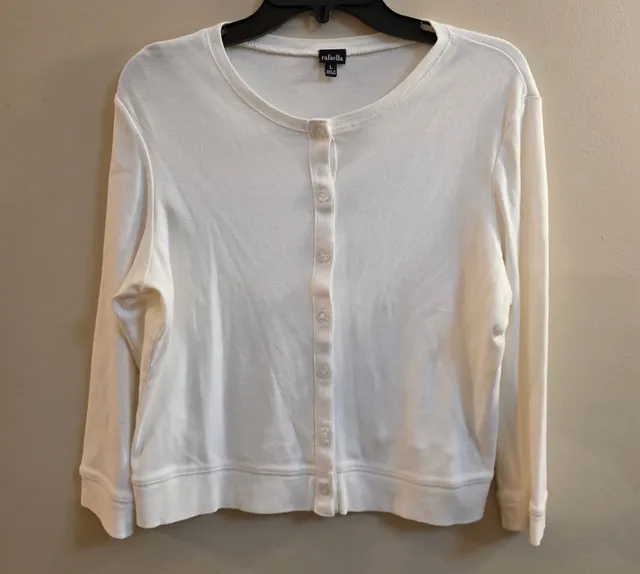 Rafaella Cardigan Sweater Size L White Long Sleeve Crew Neck Button Front
