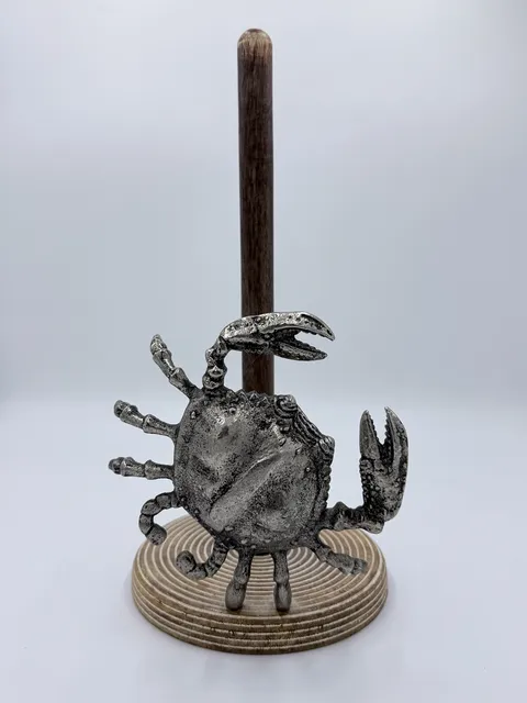 MD Crab Paper Towel Holder - Wooden With Metal Crab Ocean Beach Decor
