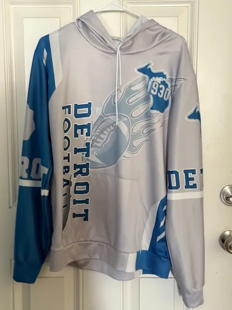 Detroit Football Hoodie Size S Graphic Print Sweatshirt Grey Blue