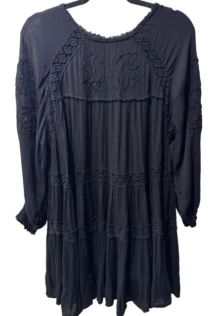 Free People Black Embroidered Long Sleeve Mini Dress