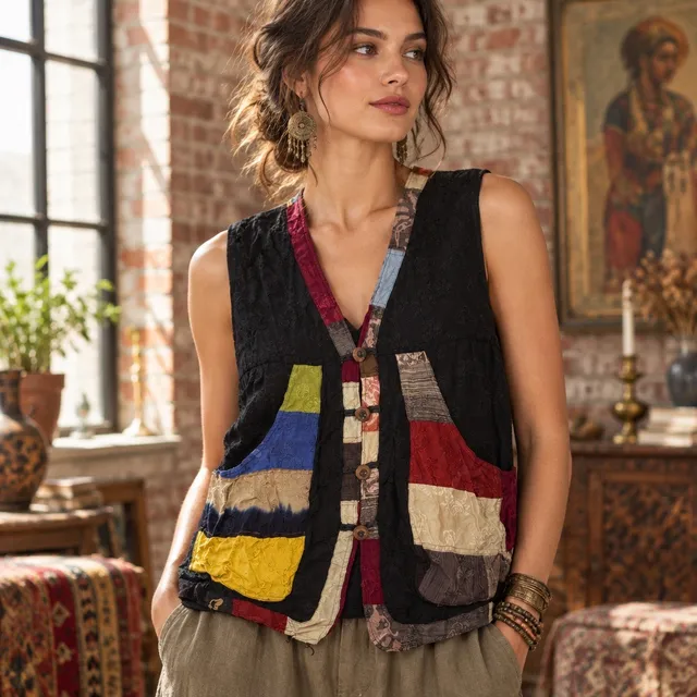 Unbranded Bohemian Patchwork Vest Black Multi Color Silk Brocade