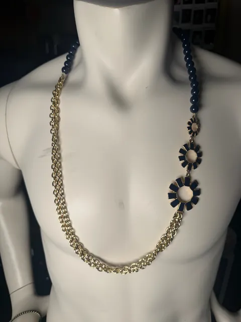 Talbots Gold-Tone Blue Bead Link Statement Necklace