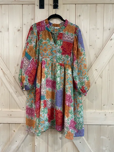 Jodifl Patchwork Print Mini Dress Colorful Boho Long Sleeve large