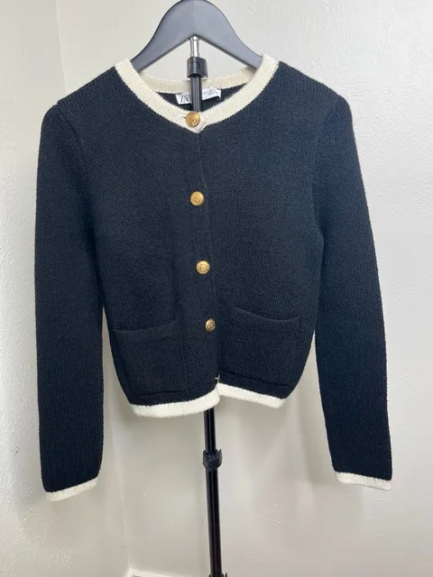Black Knit Lady Jacket Cardigan White Trim Gold Buttons Cropped