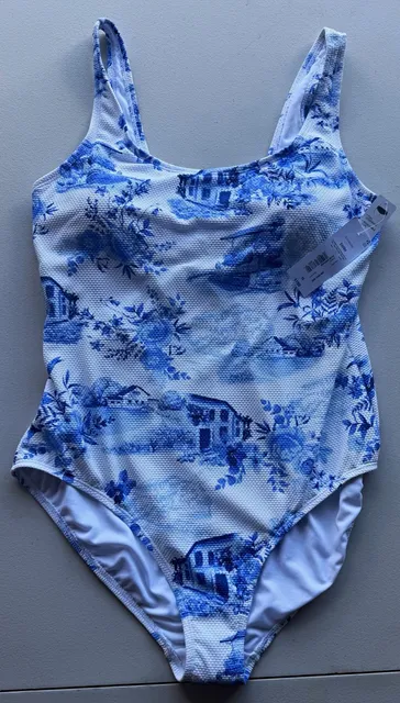 Liz Claiborne Women's One-Piece Floral Swimsuit 16 Blue/White Removable Cups