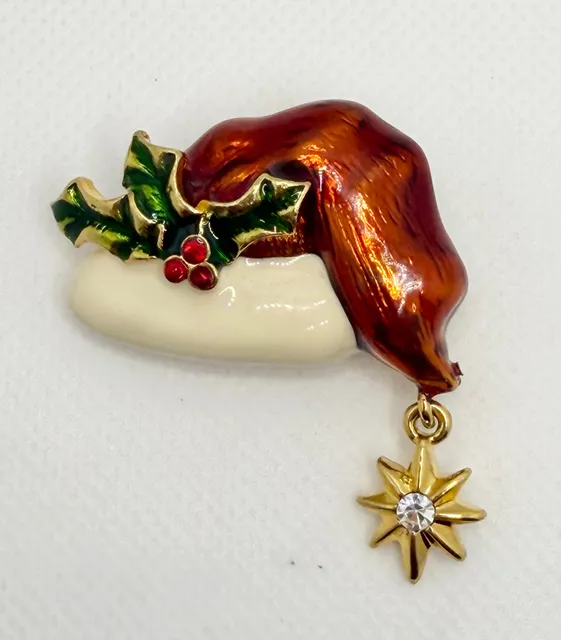 Vintage Christopher Radko Enamel Santa Hat Holly & Star Dangle Christmas Brooch