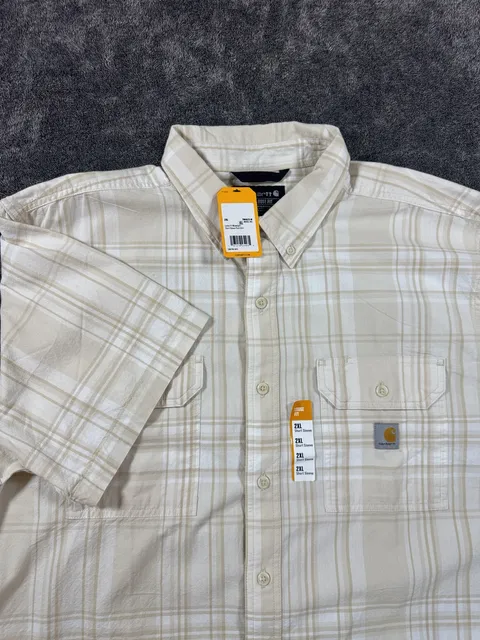 New Carhartt Loose Fit Plaid Short Sleeve Shirt 2XL Tan White