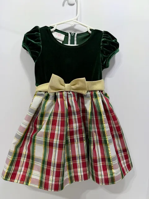 By Bonnie Jean Dress Size 2T Green Velvet Red Plaid Holiday Bow