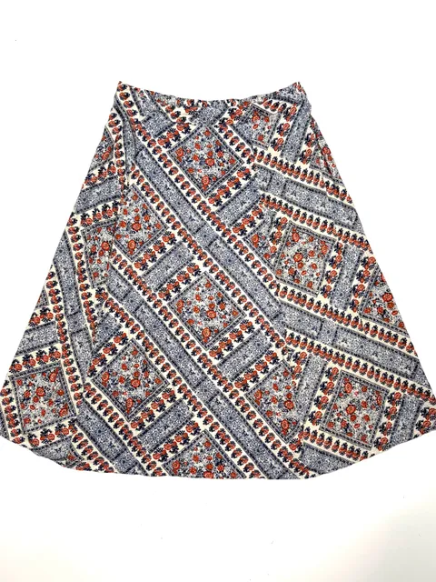 Boca Bay Women's Skirt L Cottage-Glam Americana Heritage Grandmacore Fairycore Navy Rust Cream Floral Patchwork Print 100% Rayon Midi A-Line Elastic Waist Boho Lightweight