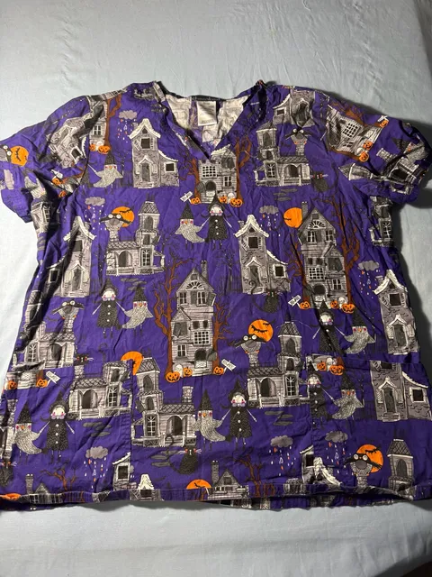 Cherokee Halloween Print Scrub Top 2XL Purple Spooky Houses