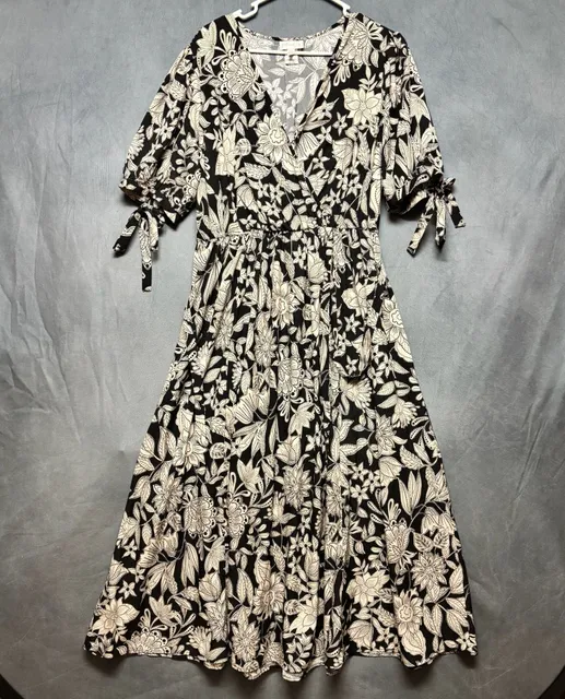 Kate & Lily Floral Midi Dress Size Petite XL Black White V-Neck Wrap