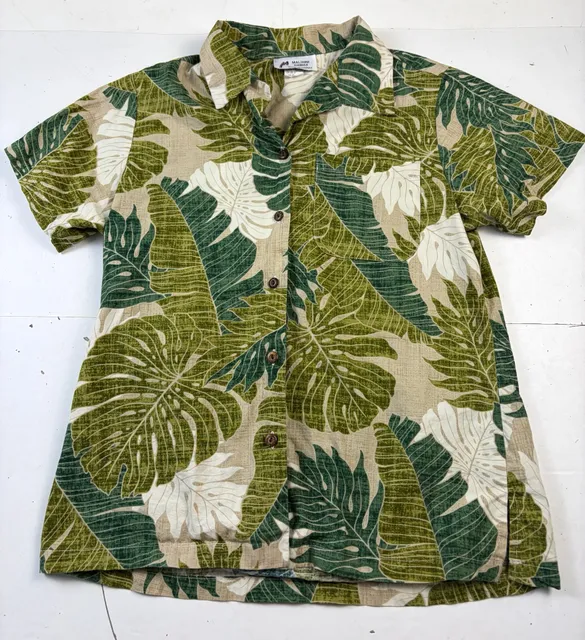 Malihini Hawaii Tropical Leaf Hawaiian Collared Button Down Shirt Green Size M (OF)