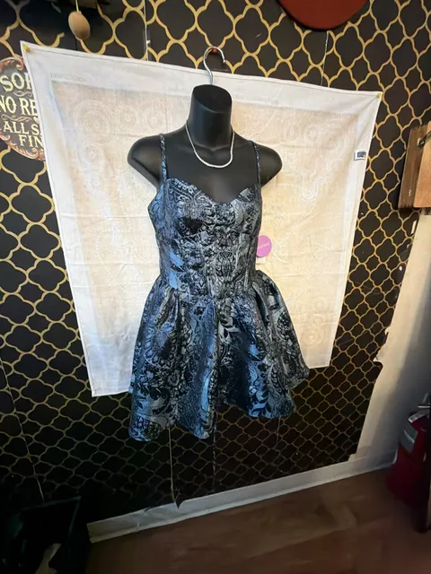 Windsor Darleen Brocade Lace-Up Skater Dress Black Silver