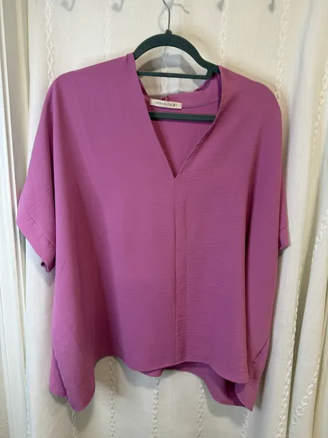 Urban Daizy Women’s Large Pink V-Neck Oversized Blouse Short Sleeve Relaxed Top