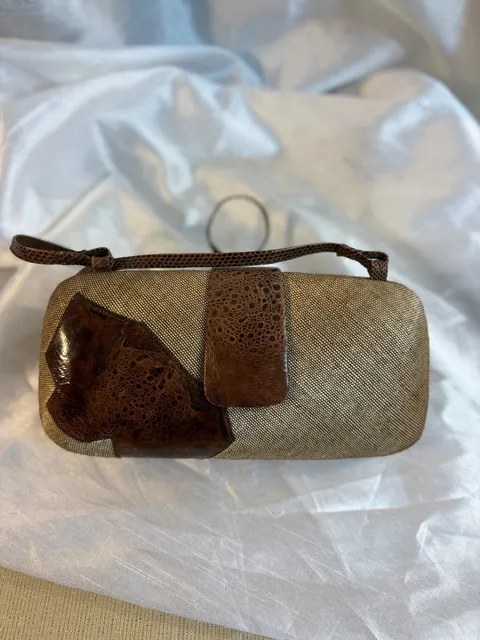 Vintage Textured Straw & Brown Leather Patchwork Crossbody Bag