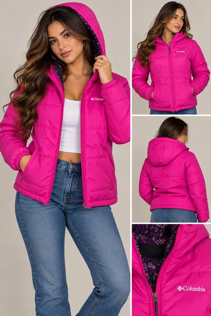 Columbia Puffer Jacket Pink Hooded Full Zip