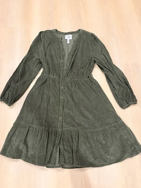 St John's Bay Corduroy Dress Size M Green Long Sleeve Tiered Midi